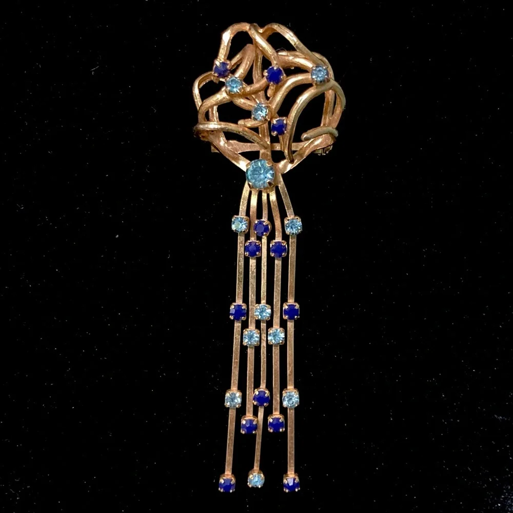 Vintage Made in Austria Blue Rhinestone Gold-tone Swirl Dangle Fringe Design 4